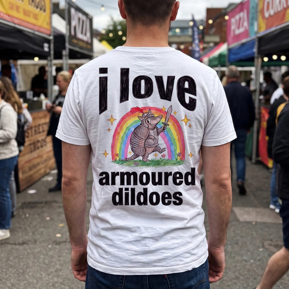 I Love Armoured Dildoes T-Shirt (backprint) Orbital Clothing