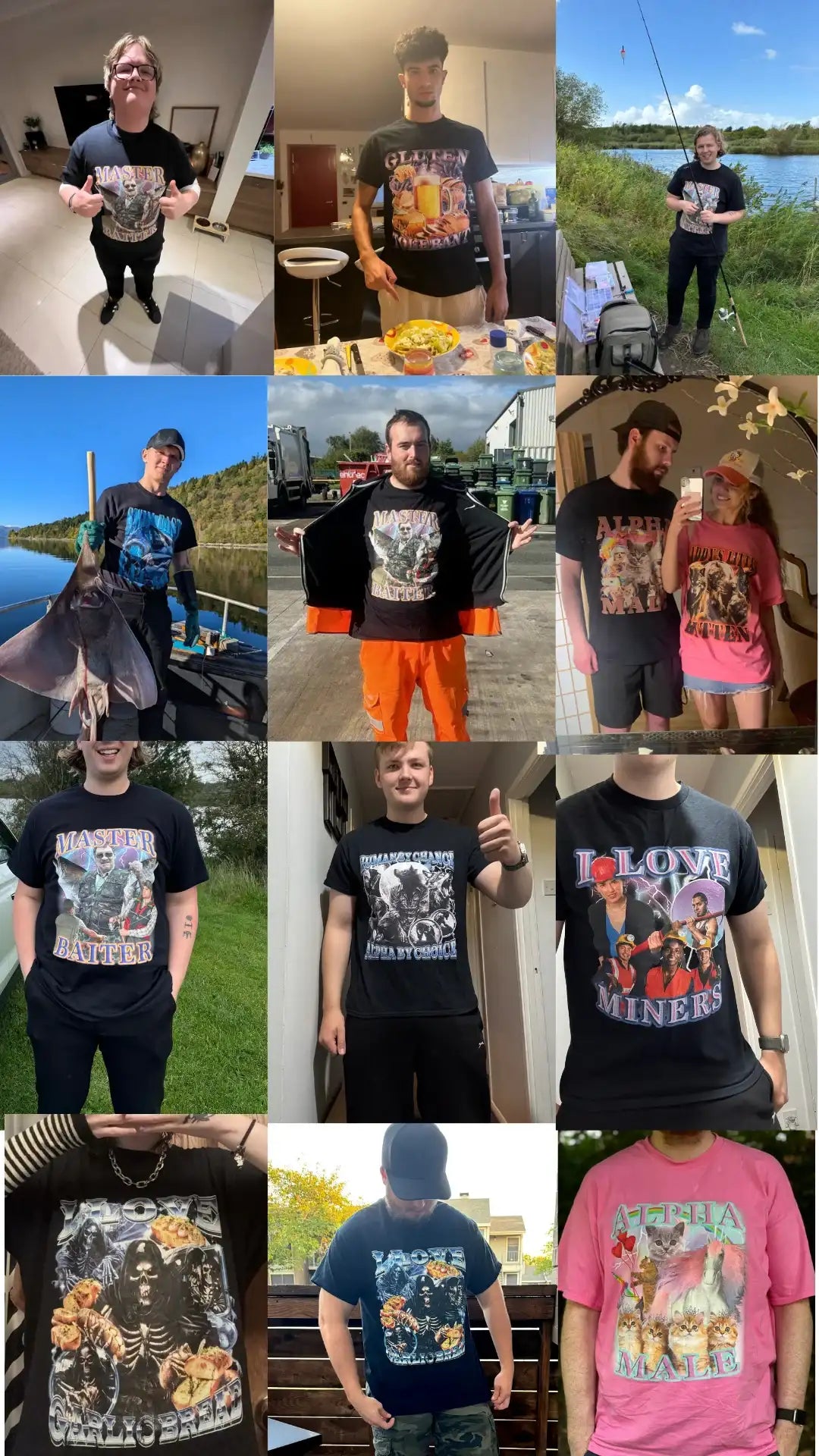 Collage of happy customers wearing various Orbital Clothing graphic tees like Master Baiter and Alpha Male.