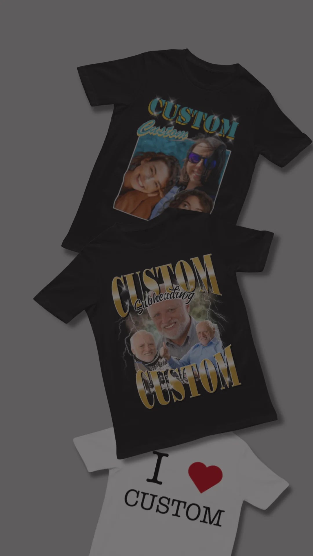 Custom graphic tees featuring personalized photo collages with retro gold text and a white t-shirt reading I Love CUSTOM.