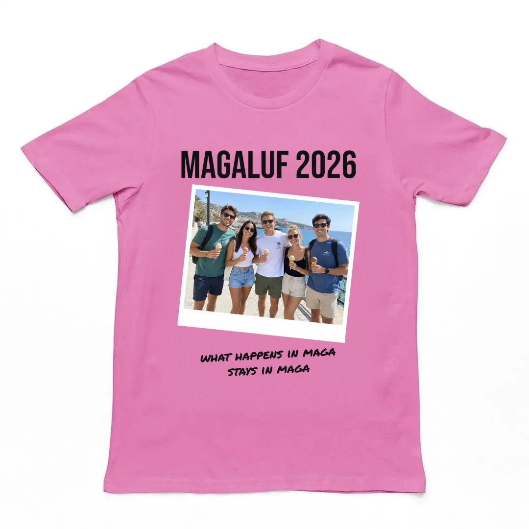 Design your own t-shirt example: pink tee with a tilted holiday group photo and 'Magaluf 2026' text