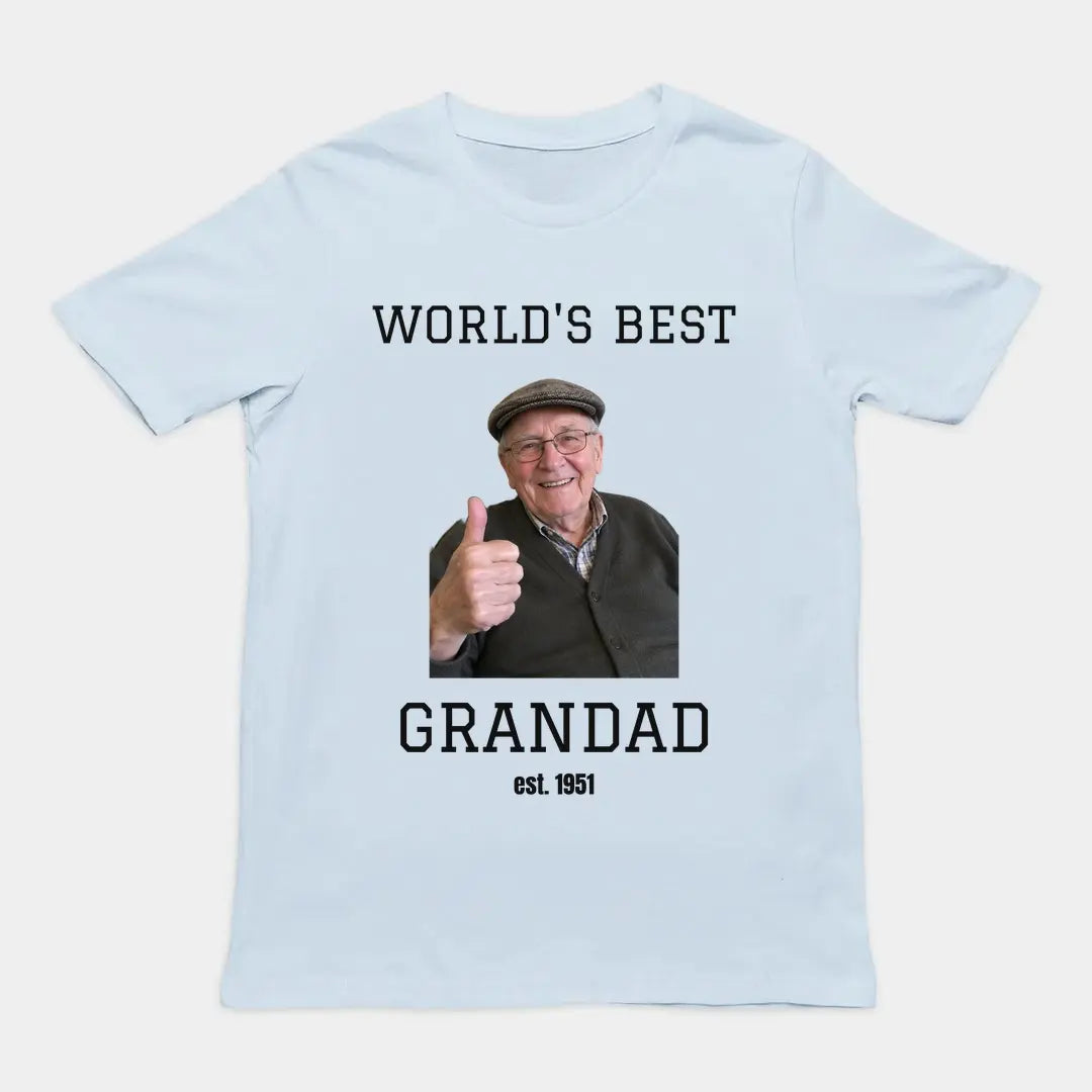 Design your own t-shirt example: light blue tee with a photo of grandad and 'World's Best Grandad' text