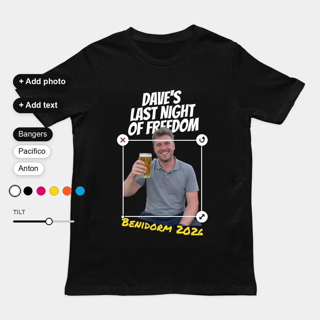 Design your own t-shirt: a custom black tee with the design being edited on the page, with the designer's add photo, add text, font, colour and tilt controls