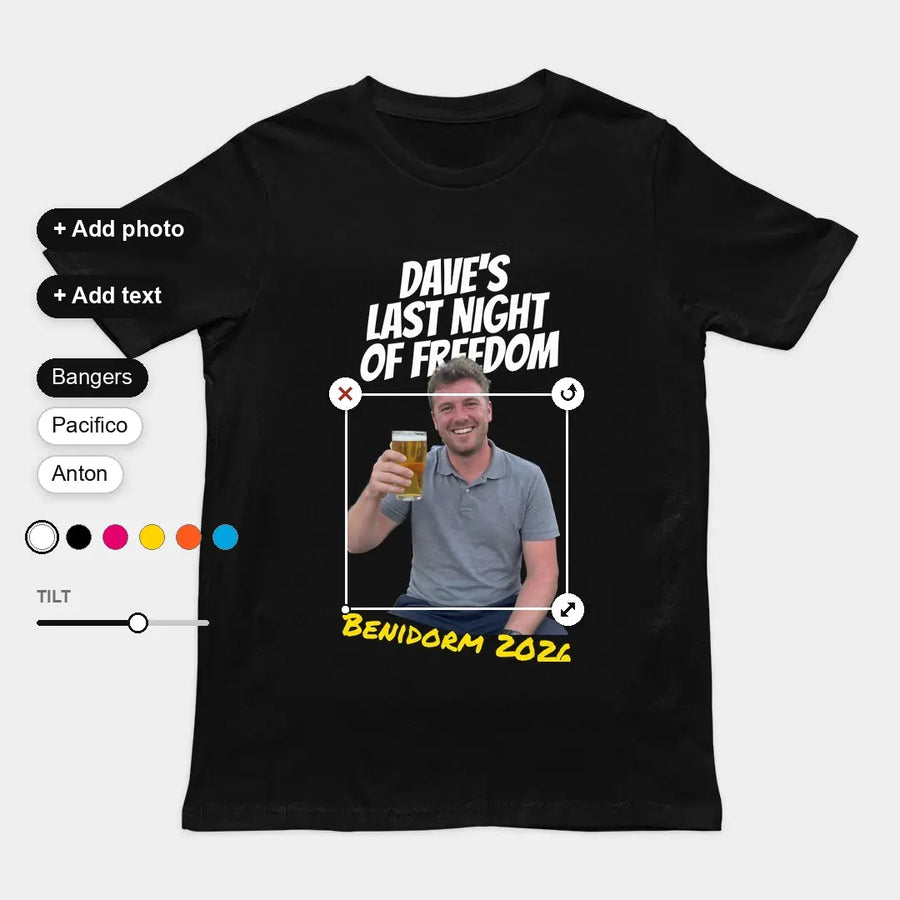 Design your own t-shirt: a custom black tee with the design being edited on the page, with the designer's add photo, add text, font, colour and tilt controls