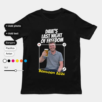 Design your own t-shirt: a custom black tee with the design being edited on the page, with the designer's add photo, add text, font, colour and tilt controls