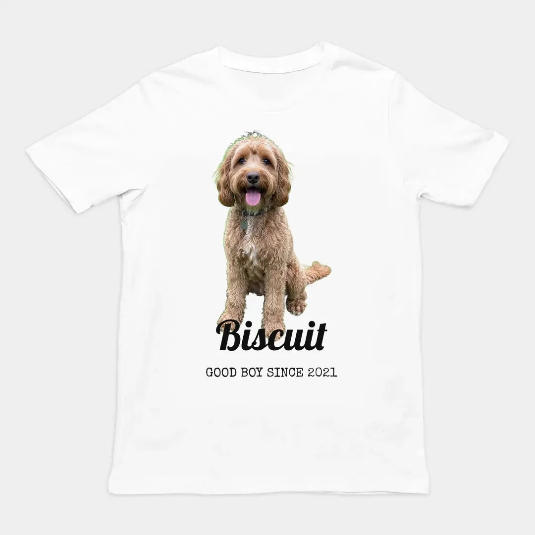 Design your own t-shirt example: white tee with a cut-out dog photo and the dog's name in script font
