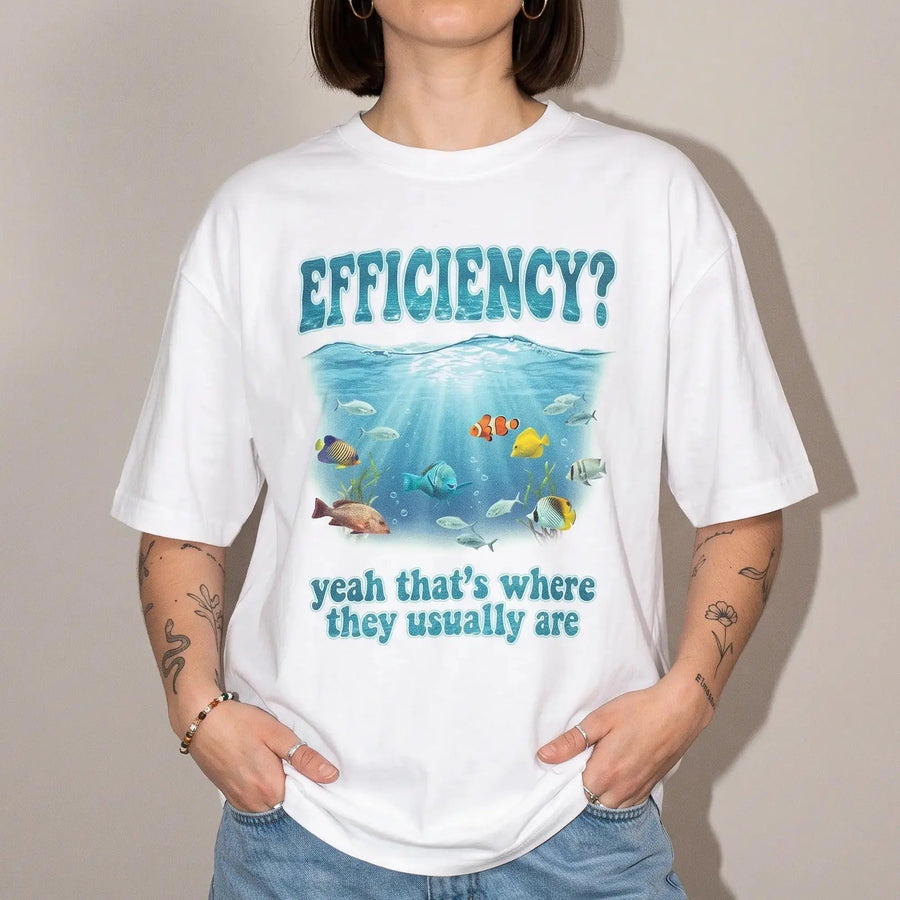 Model wearing the Efficiency yeah that's where they usually are T-Shirt in white, studio photo