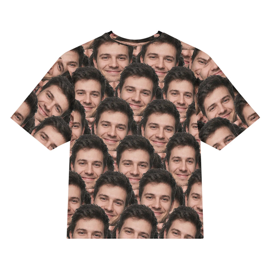 Your Face Everywhere all-over print oversized tee, photographic mockup, back
