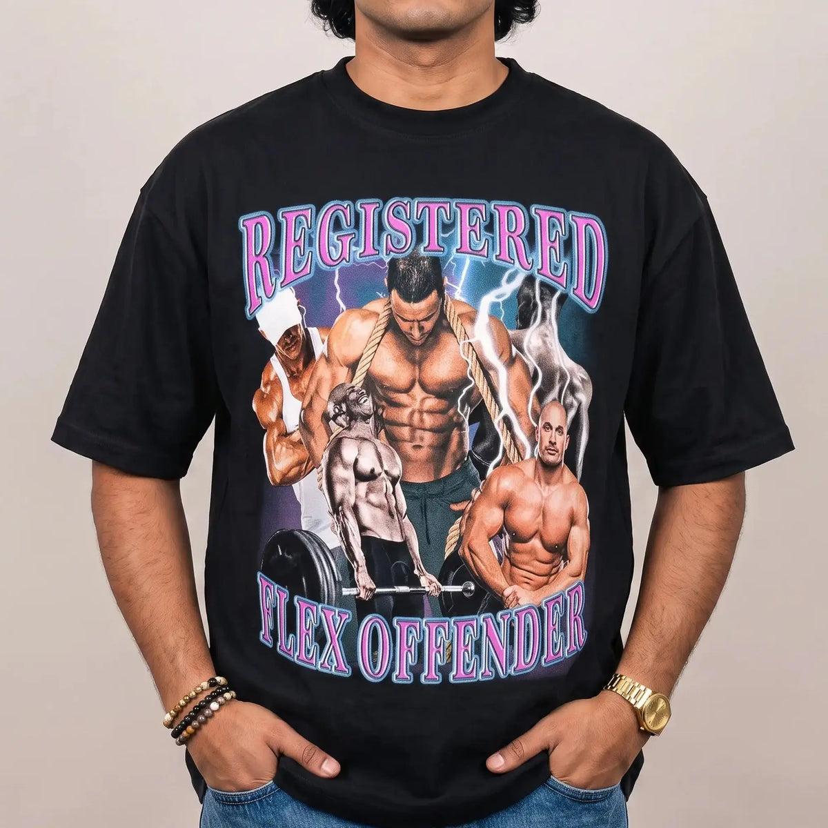 Model wearing the Registered Flex Offender Gym t-shirt in black, studio photo