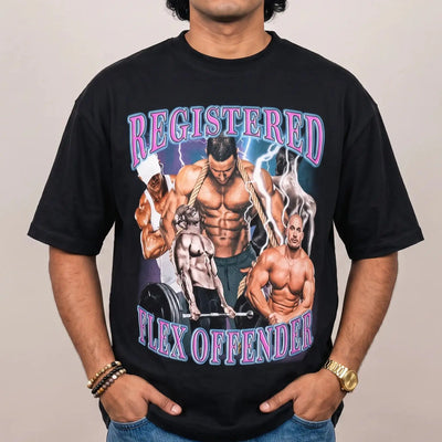 Model wearing the Registered Flex Offender Gym t-shirt in black, studio photo