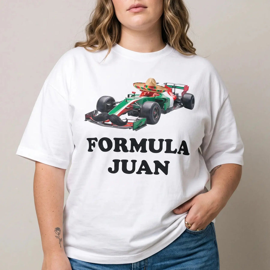 Model wearing the Formula Juan T-Shirt in white, studio photo