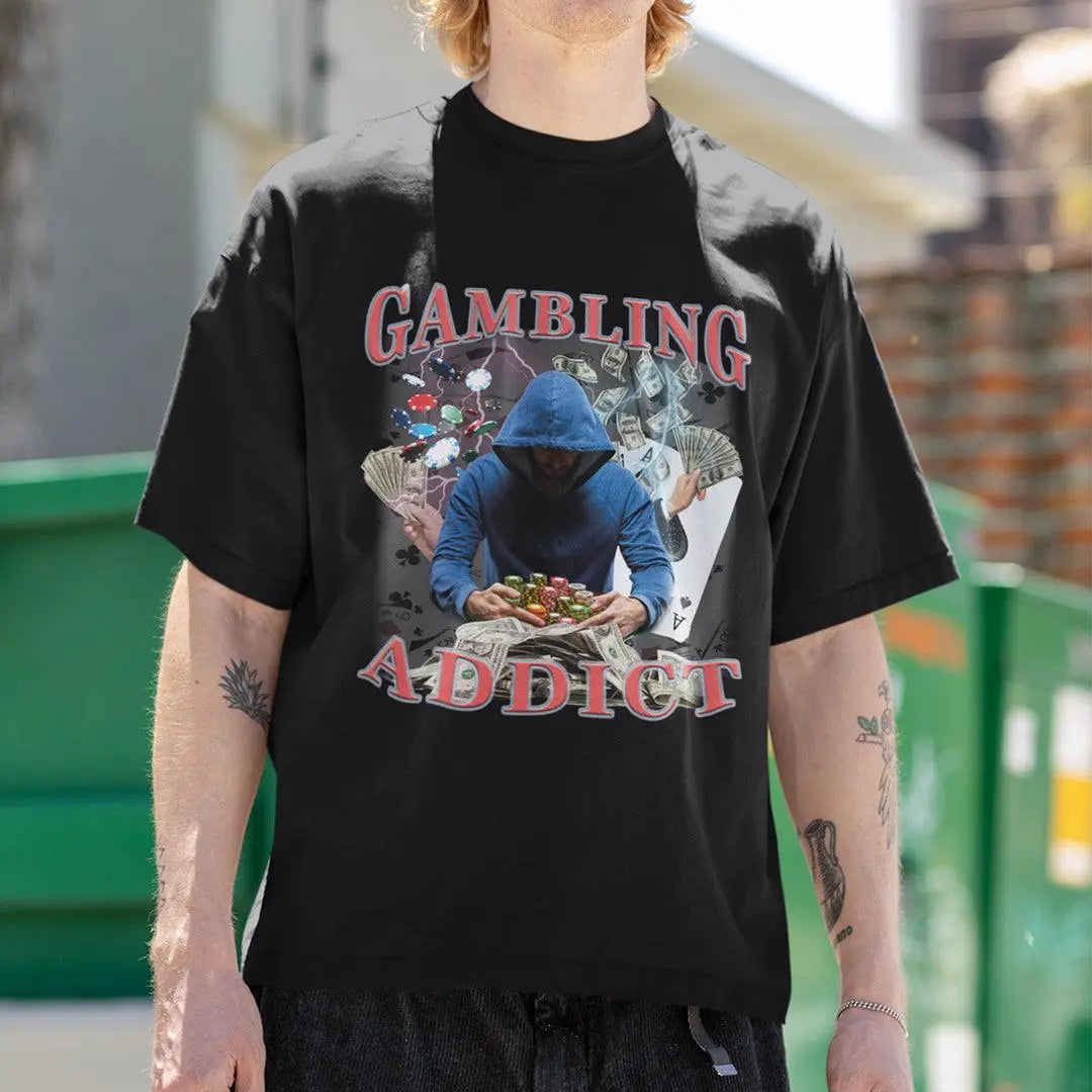 Model wearing Orbital Clothing black Gambling Addict t-shirt