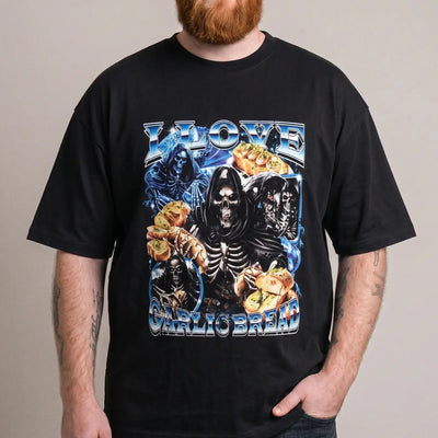 Model wearing the I Love Garlic Bread t-shirt in black, studio photo