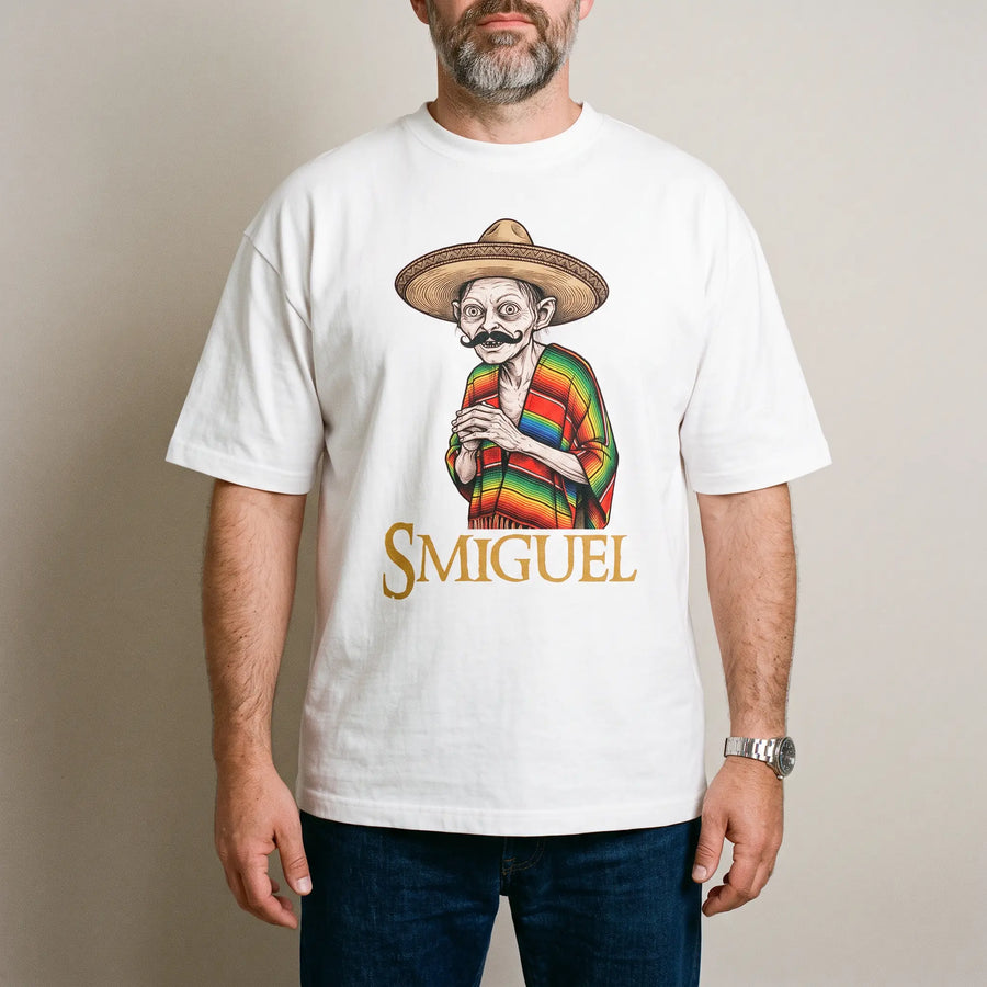 Model wearing the Smiguel T-Shirt in white, studio photo