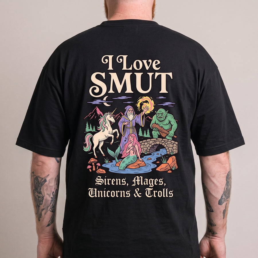 I Love SMUT (Sirens, Mages, Unicorns & Trolls) T-Shirt (backprint) - Orbital Clothing