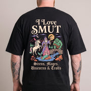 I Love SMUT (Sirens, Mages, Unicorns & Trolls) T-Shirt (backprint)