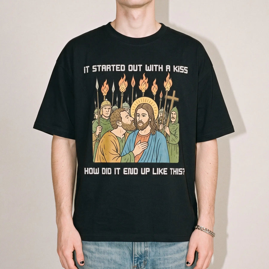 It was only a kiss How did it end up like this Jesus & Judas T-Shirt - Orbital Clothing