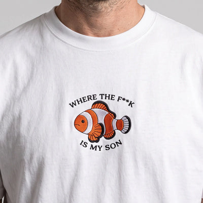 Where the f**k is my son embroidered clownfish t-shirt in white, worn, close-up of the stitching
