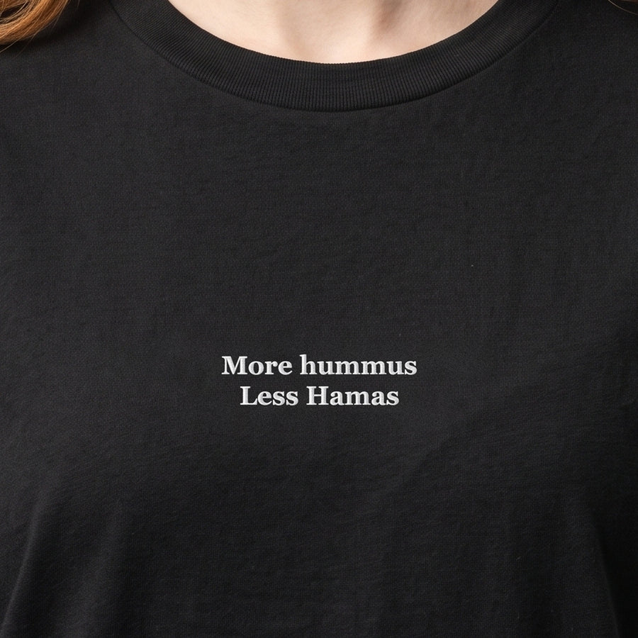 More hummus less Hamas (embroidered) T-Shirt in Black, worn, close-up of the stitching