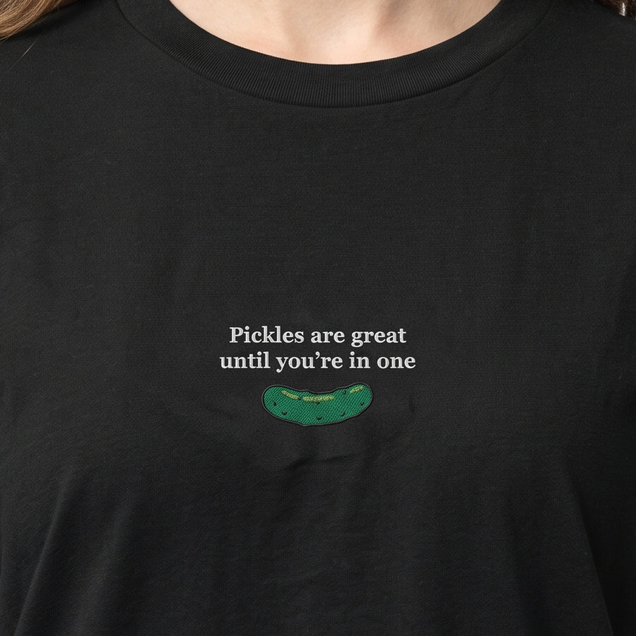 Pickles are great until you’re in one (embroidered) T-Shirt in black, worn, close-up of the stitching
