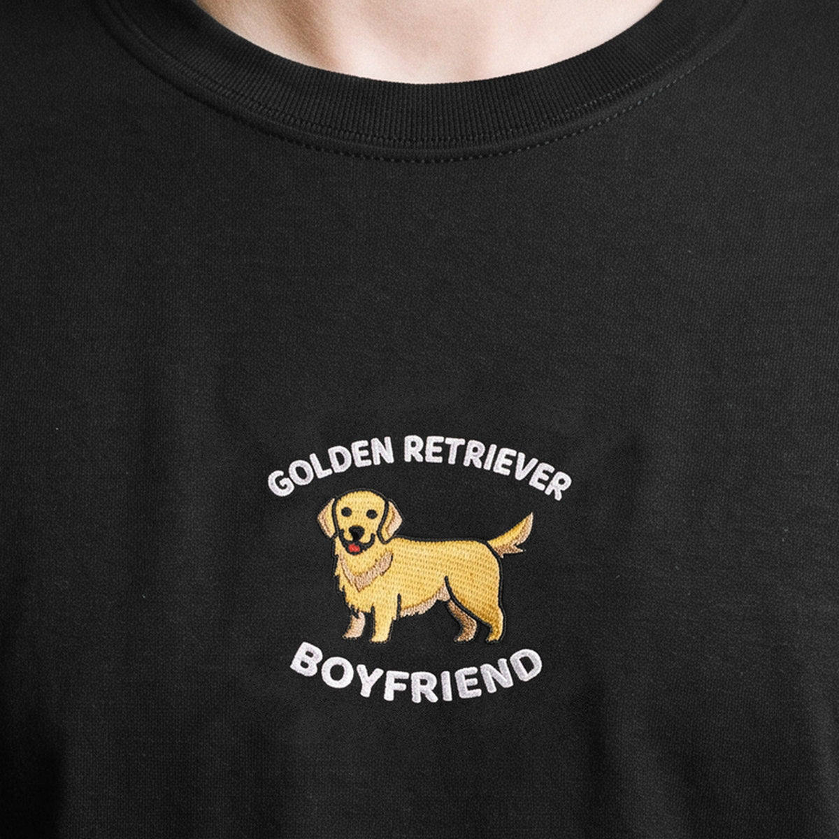 Golden Retriever Boyfriend (embroidered) T-Shirt in black, worn, close-up of the stitching