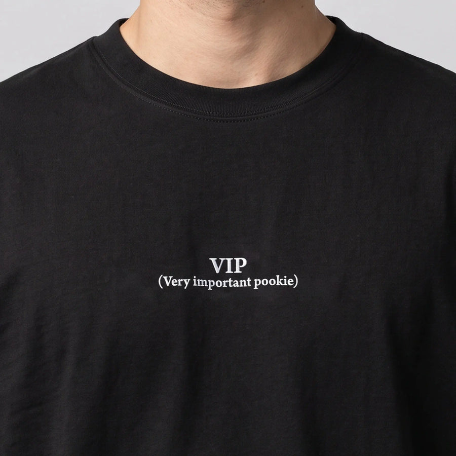 VIP very important pookie embroidered t-shirt in black, worn, close-up of the stitching