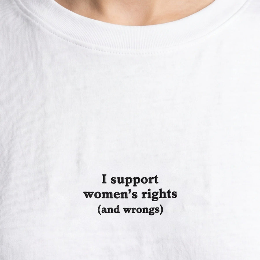 I support women's rights and wrongs embroidered t-shirt, worn, close-up of the stitching