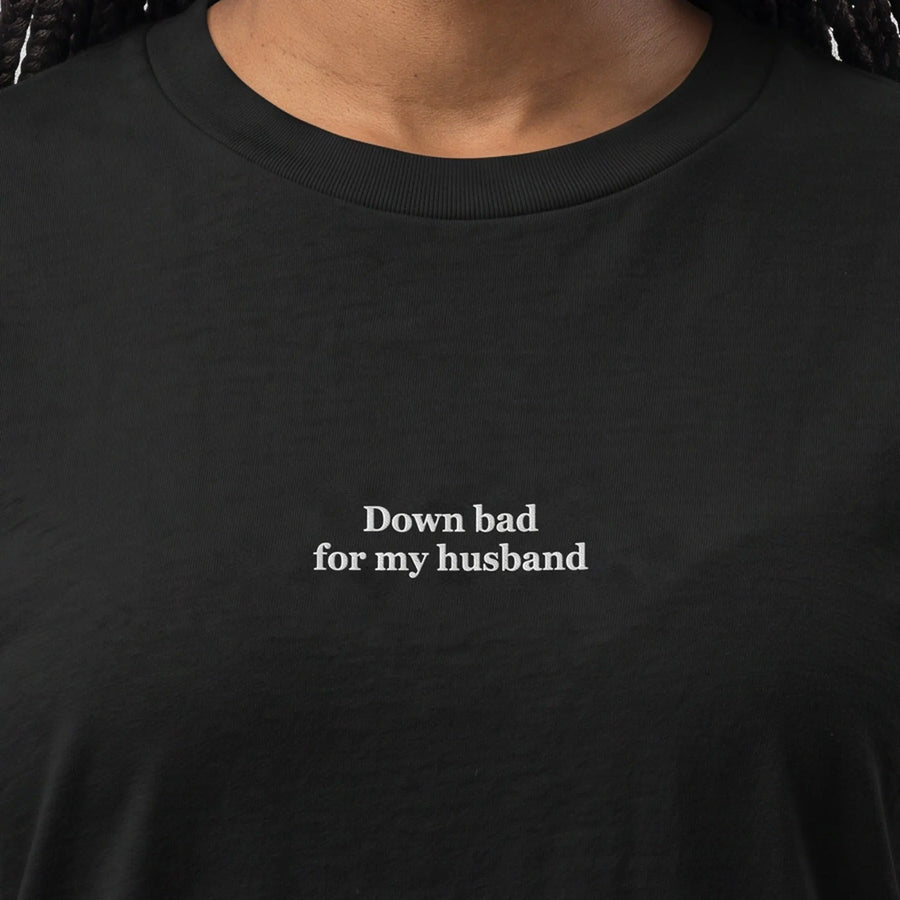 Down bad for my husband (embroidered) T-Shirt in Black, worn, close-up of the stitching