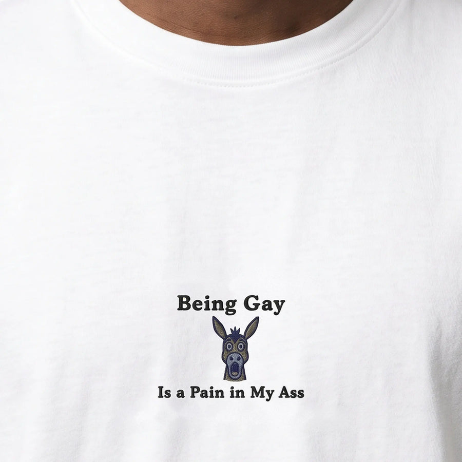 Being gay is a pain in my ass embroidered t-shirt, worn, close-up of the stitching