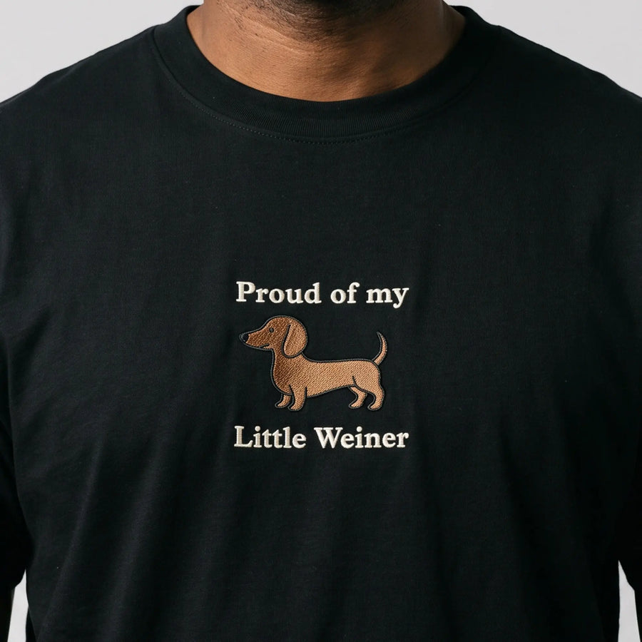 Proud of my little weiner (embroidered) T-Shirt in Black, worn, close-up of the stitching