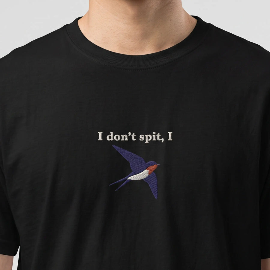 I don't spit, I swallow (embroidered) T-Shirt in Black, worn, close-up of the stitching