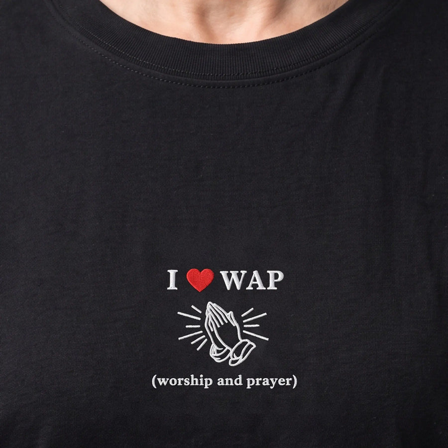 I love WAP worship and prayer embroidered t-shirt, worn, close-up of the stitching