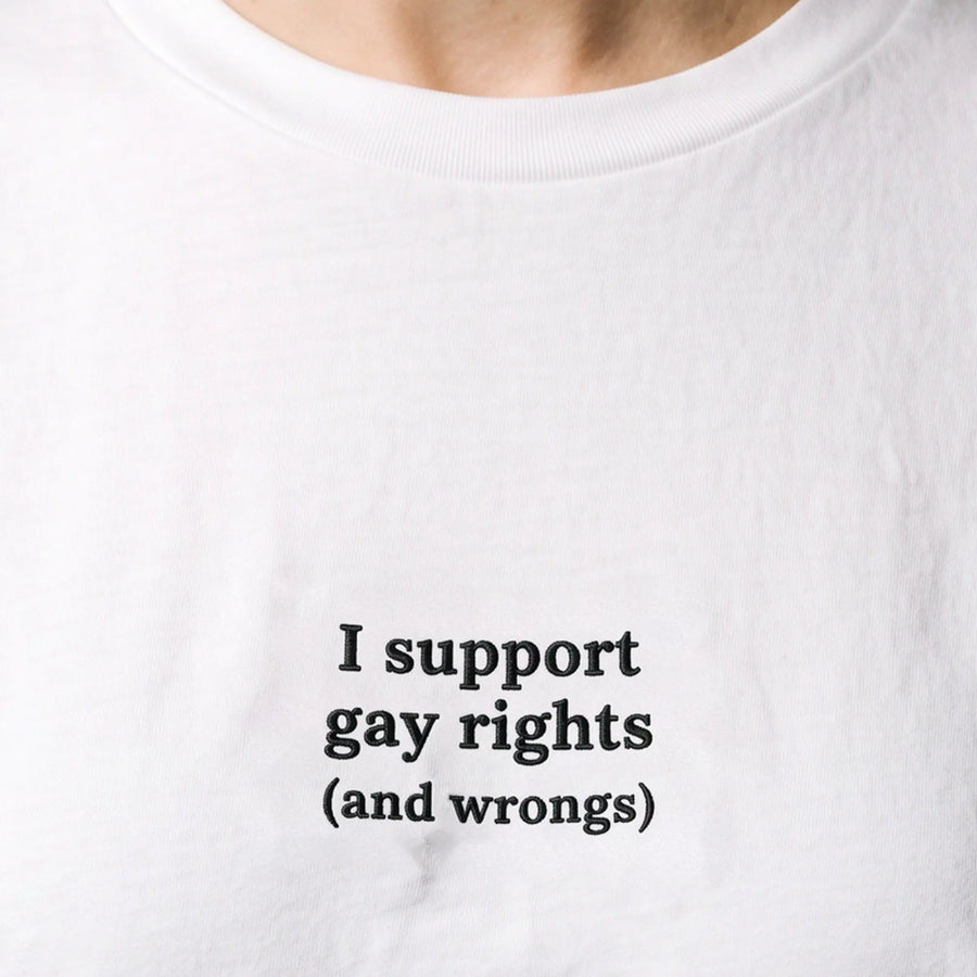 I support gay rights and wrongs embroidered t-shirt, worn, close-up of the stitching