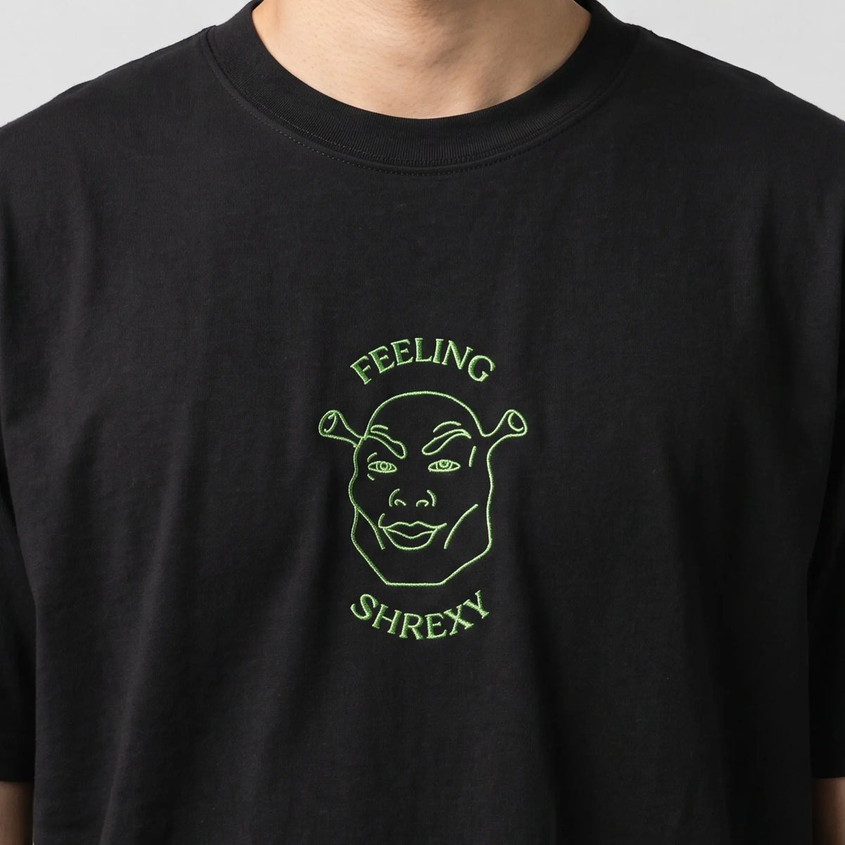 Feeling Shrexy (embroidered) T-Shirt in Black, worn, close-up of the stitching