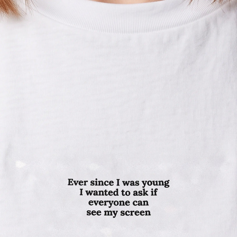 Ever since I was young I wanted to ask if everyone can see my screen embroidered t-shirt in white, worn, close-up of the stitching