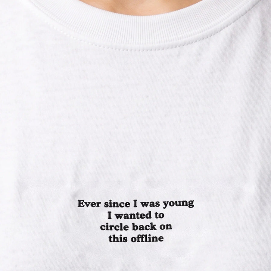 Ever since I was young I wanted to circle back on this offline embroidered t-shirt in white, worn, close-up of the stitching