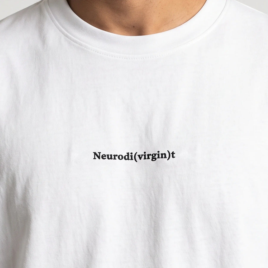 Neurodi(virgin)t (embroidered) T-Shirt in white, worn, close-up of the stitching