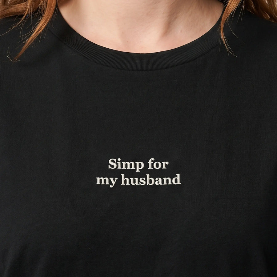 Simp for my husband (embroidered) T-Shirt in Black, worn, close-up of the stitching