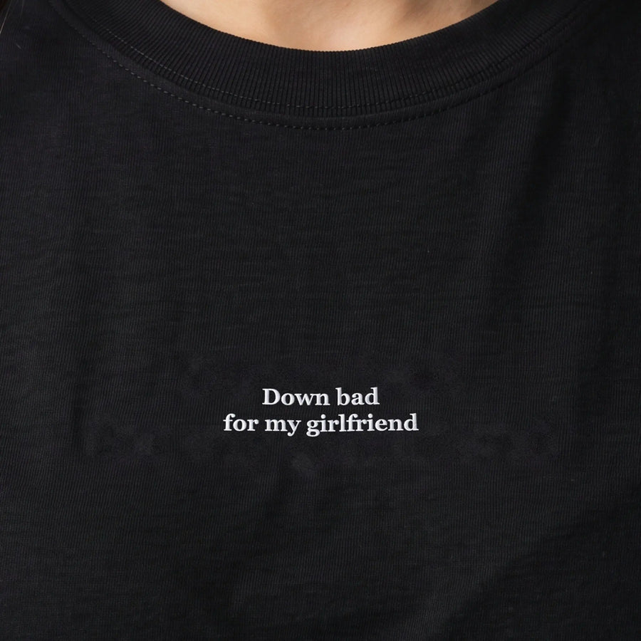 Down bad for my girlfriend (embroidered) T-Shirt in Black, worn, close-up of the stitching