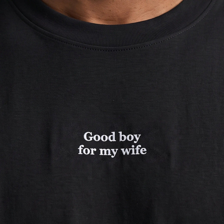 Good boy for my wife (embroidered) T-Shirt in Black, worn, close-up of the stitching