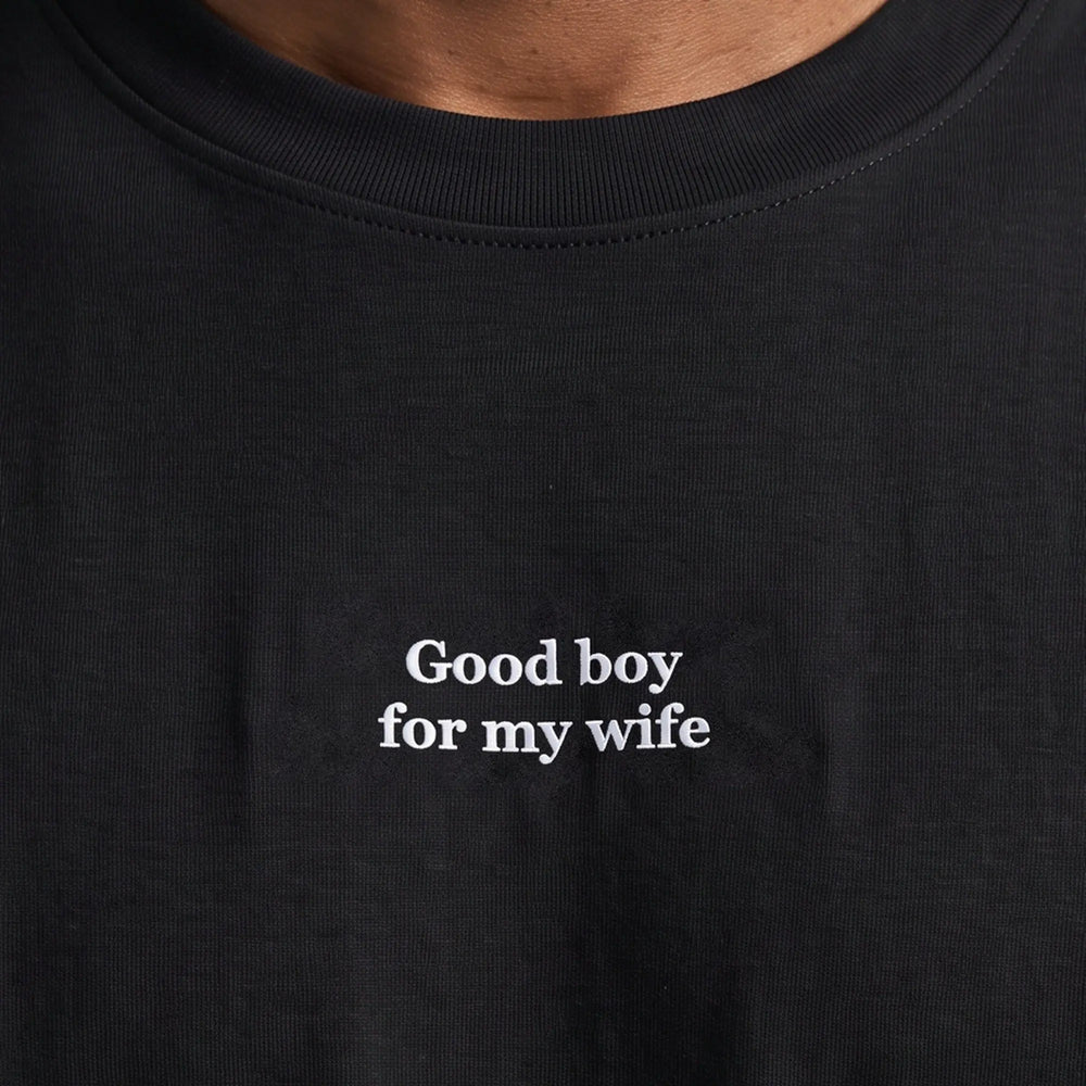 Good boy for my wife (embroidered) T-Shirt in Black, worn, close-up of the stitching