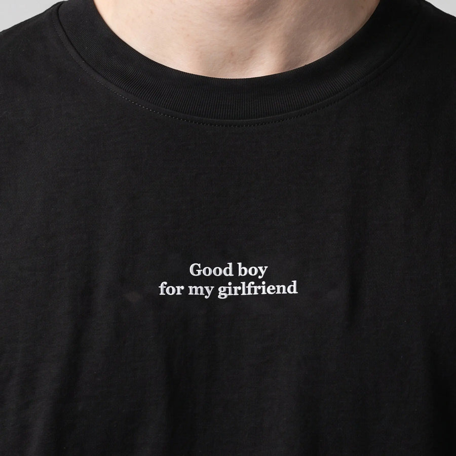 Good boy for my girlfriend (embroidered) T-Shirt in Black, worn, close-up of the stitching