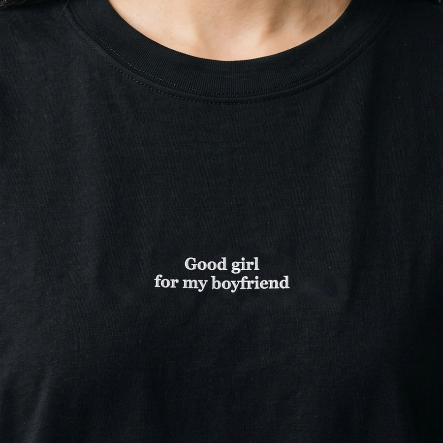 Good girl for my boyfriend (embroidered) T-Shirt in Black, worn, close-up of the stitching