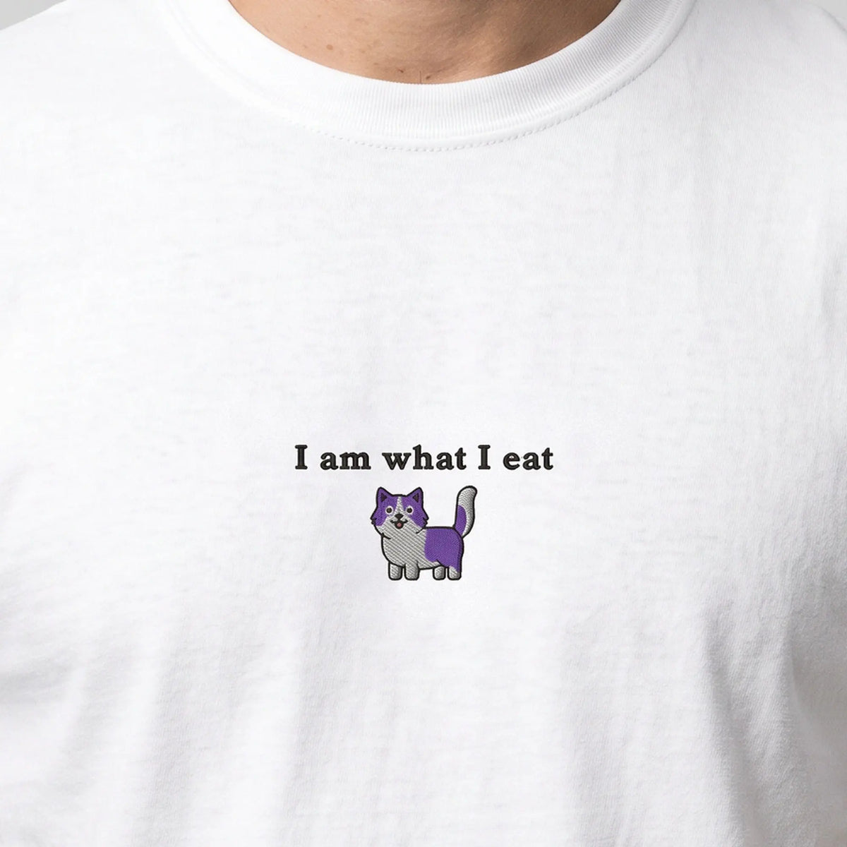 I am what I eat (embroidered) T-Shirt in White, worn, close-up of the stitching