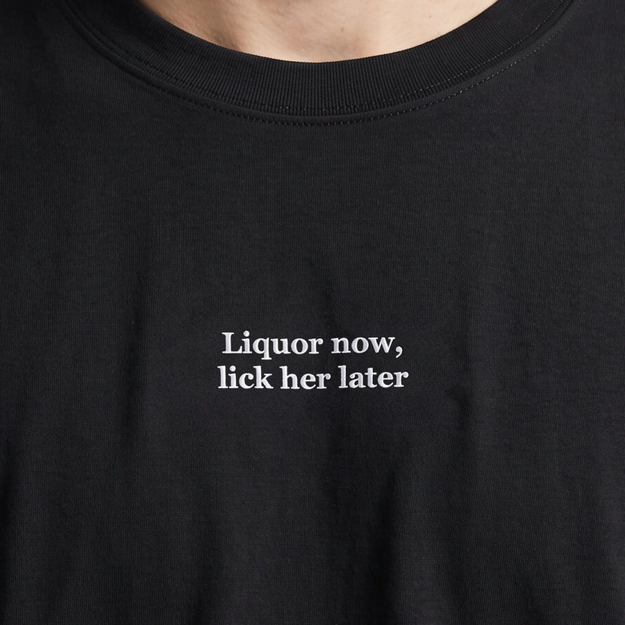 Liquor now, lick her later (embroidered) T-Shirt in Black, worn, close-up of the stitching