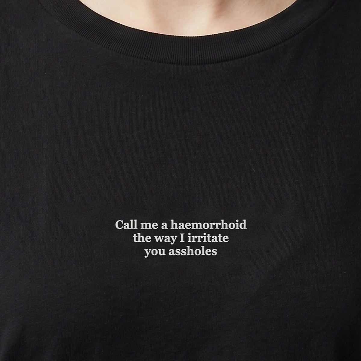 Call me a haemorrhoid the way I irritate you assholes (embroidered) T-Shirt in Black, worn, close-up of the stitching