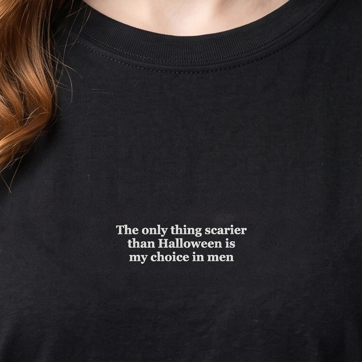 The only thing scarier than Halloween is my choice in men (embroidered) T-Shirt in Black, worn, close-up of the stitching