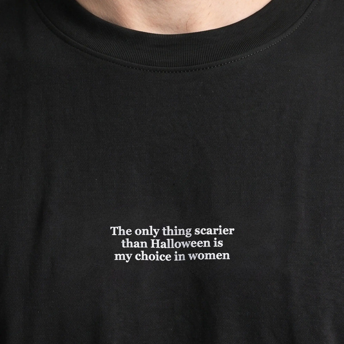 The only thing scarier than Halloween is my choice in women (embroidered) T-Shirt in Black, worn, close-up of the stitching