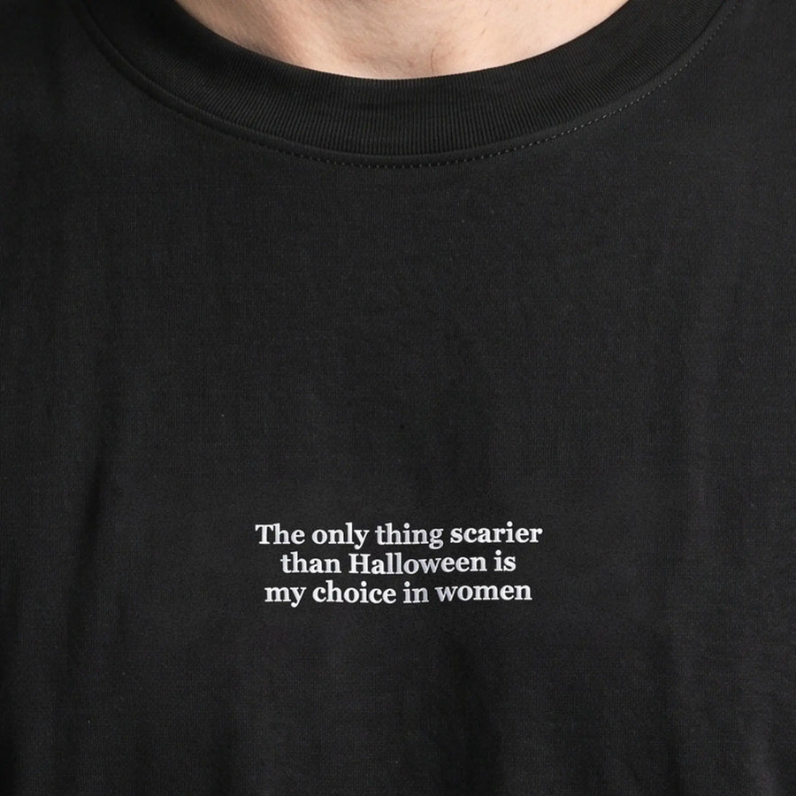 The only thing scarier than Halloween is my choice in women (embroidered) T-Shirt in Black, worn, close-up of the stitching
