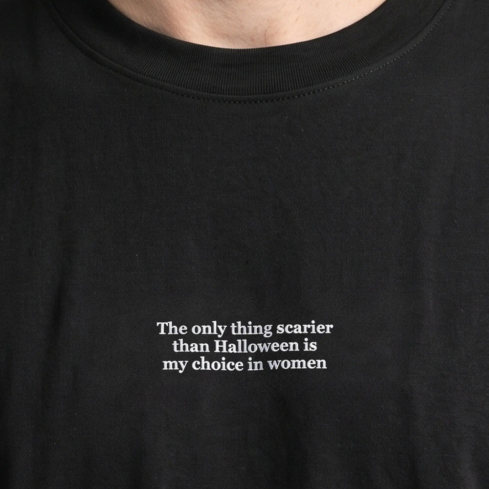 The only thing scarier than Halloween is my choice in women (embroidered) T-Shirt in Black, worn, close-up of the stitching