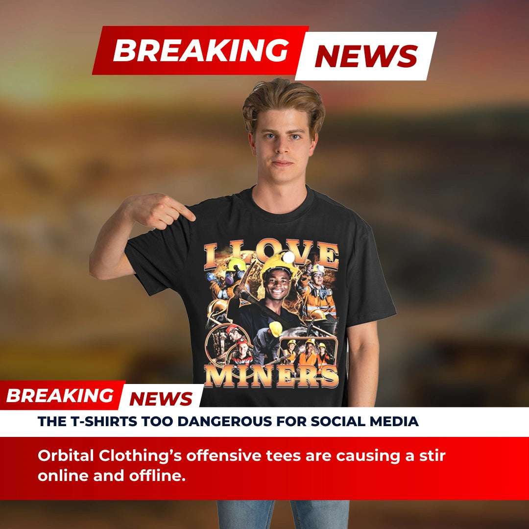Man pointing to his "I LOVE MINERS" t-shirt in a Breaking News graphic about Orbital Clothing's "offensive tees" causing a stir.